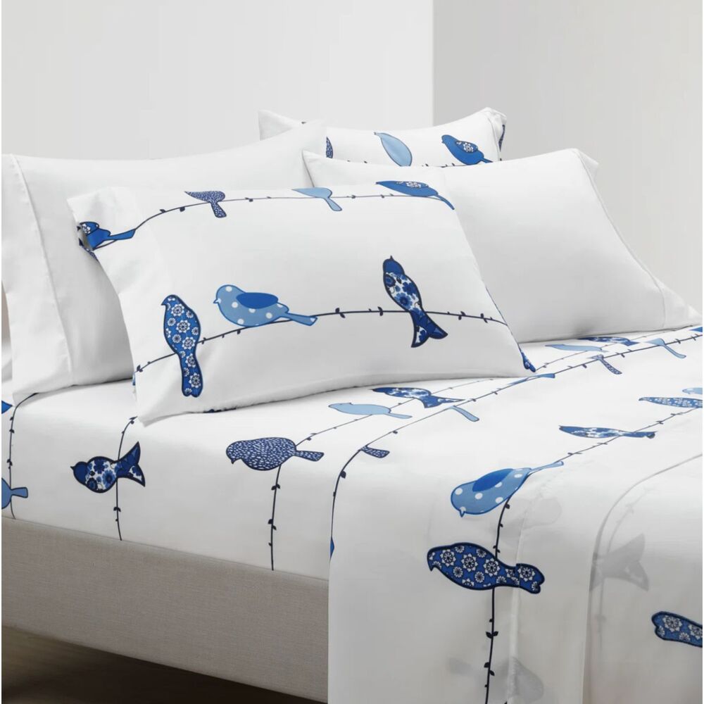 NWT Lush Decor Birds Soft Sheet Set Blue White Floral Branch Bedding Queen
